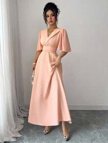 asual, elegante y de vacaciones para mujer con diseño de cuello, cintura plisada, parche de gasa y mangas con volantes - Rosa vieja - Ver 5