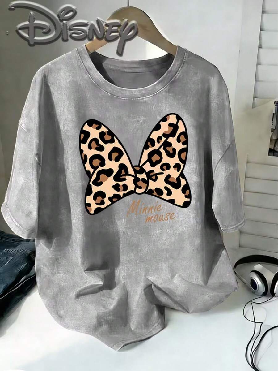 Disney Minnie Mouse Leopard Bow Minnie Mouse Logo Creative Printing Design Sense Fashion Old T-Shirt 2026 Spring And Summer Round Neck T-Shirt Style Retro Fashion Lovers Popular Style Old Round Neck T-Shirt - Grey - View 1