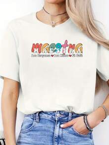 1 Piece Of Spring/Summer Casual T-Shirt With Spanish Letter Print, Short Sleeve Sports T-Shirt With Round Neck, Women's Top, 180g 100% Cotton. - 白色 - 查看 12