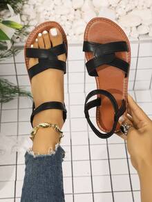 Women's Cross Strap Elastic Back Slingback Classic Sandals For Vacation And Daily Wear - Black - View 5