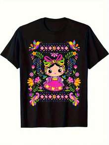 ropa de mujer Camiseta de mujer mexicana con estampado de dibujos animados Mazawa - Diseño floral vibrante, preencogida, ropa casual para todas las estaciones, lavable, con flores coloridas, moda cultural, camiseta con estampado duradero, camiseta mexicana, camisas de mujer de verano - Negro - Ver 1