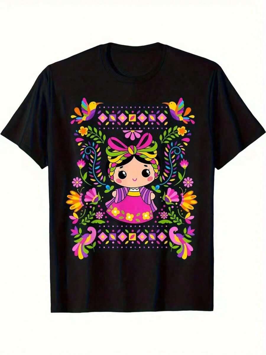 ropa de mujer Camiseta de mujer mexicana con estampado de dibujos animados Mazawa - Diseño floral vibrante, preencogida, ropa casual para todas las estaciones, lavable, con flores coloridas, moda cultural, camiseta con estampado duradero, camiseta mexicana, camisas de mujer de verano - Negro - Ver 1