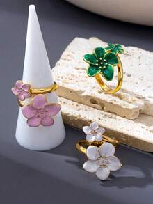 3pcs/Set Unique Design Sweet Five-Petal Flower Open Ring, Elegant Glazed Floral Dopamine Mood Ring, Delicate Daily Wear Open Band Ring - Flower Ring - View 4