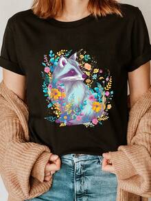 Women's Cotton T-Shirt With Raccoon And Floral Print, Cottagecore Style - Soft, Breathable, Short Sleeve, Crew Neck, Machine Washable, Casual Summer And Spring T-Shirt, Artistic Design, Comfortable Fit - Black - View 1