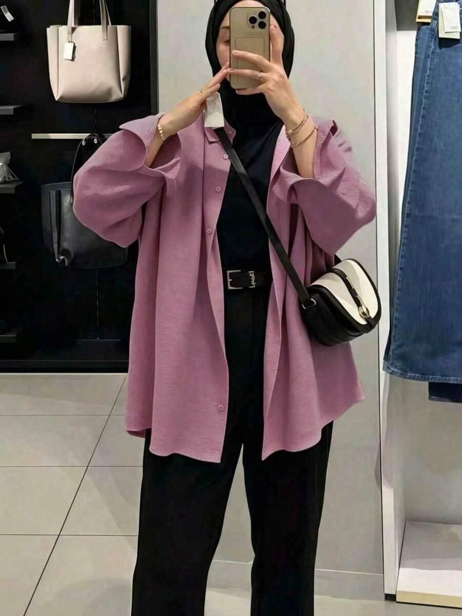 女款休閒純色鈕扣長袖襯衫,優雅女式襯衫,適合春季、秋季與冬季 - 乾枯玫瑰色 - 查看 1