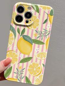 1pc Ins Style Fresh Lemon Flower Leaf Classic Striped Pattern Perforated Glossy Filmic Hard Phone Case, Suitable For IPhone 11/12/13/14/15/16 Pro Max - Multicolor - View 4