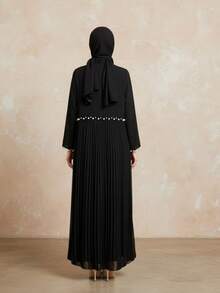 Black Beaded Trim Patchwork Pleated Long Abaya Jacket, Loose Draping Flowy Cardigan, Elegant Versatile Daily Wear For Women - Black - View 4