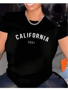 1 pcsCamia mujer cuello redondo manga corta estampado sencillo " CALIFORNIA 1991 " blusas playeras gráficas mujer print180g 100% Cotton,The patterns are all printed. Unisexo. - Negro - Ver 12
