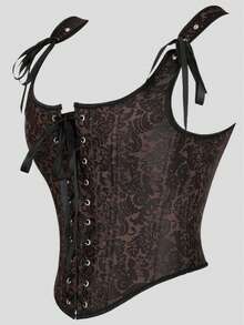 Áo camisole corset jacquard vintage, khóa kéo bên hông, dây buộc, định hình xương cá, phong cách gothic quyến rũ cho Halloween/tiệc - Cà phê nâu - Xem 4