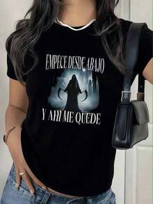 Camiseta Estampada para Mujer,Diseño de Parca con Hoces y Frase,Tejido 220g Cómodo y Casual. - Negro - Ver 7