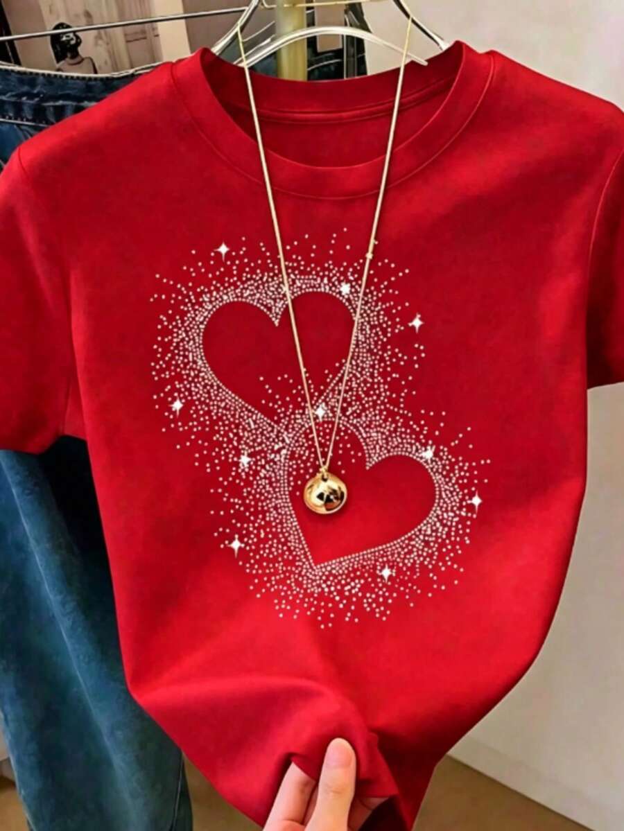 Women's T-Shirt, Y2K Style, Fashionable, New For 2026, Cute And Casual. Women's Black Short-Sleeved Casual T-Shirt With Sequined Heart Design, Round Neck, Regular Fit, 180g (Sizes S-XXXL). - 紅色 - 查看 1