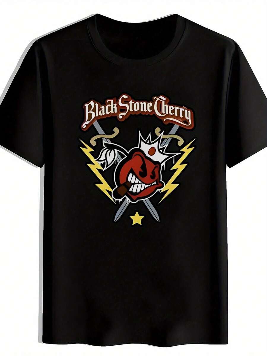 Unisex T-Shirt Made Of Pure Cotton, 2026 New Model Men's Vintage Black Stone Cherry Rock Band Graphic T-Shirt Red & White Skull With Crown, Blitz Bolts & Co. Stars, Casual Short Sleeve Round Neck Music Tea For Concerts, Festivals, Beach & Casual Clothing Year-Round Comfort Machine Wash, Summer T-Shirt, Blouse, Basic Tops, Tops, Creative Design, Outdoor Play, Cool Style, Fun Design, Great For Outdoor Play, Creative Design, Outdoor Play, Cool Style, Fun Design, Great For Outdoor Play - Black - View 1