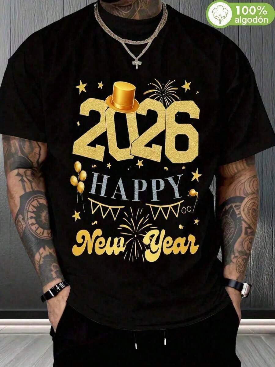 Camiseta Año Nuevo 2026 100% Algodón 200g, Estampado "2026 Happy New Year" con Fuegos Artificiales y Sombrero, Perfecta para Celebraciones de Año Nuevo 2026 y Fiestas de Fin de Año, Moda Festiva de Año Nuevo, Ropa Algodón Hombre Brillante y Festiva, de Año Nuevo 2026, Todos los Hombres para Fiestas de Fin de Año, Año Nuevo 2026, Camiseta de Celebración Hombre Algodón,camisas de hombre,playeras navideñas,playera de hombre,ropa en pareja,oversize hombre. 7PNX - Negro - Ver 1
