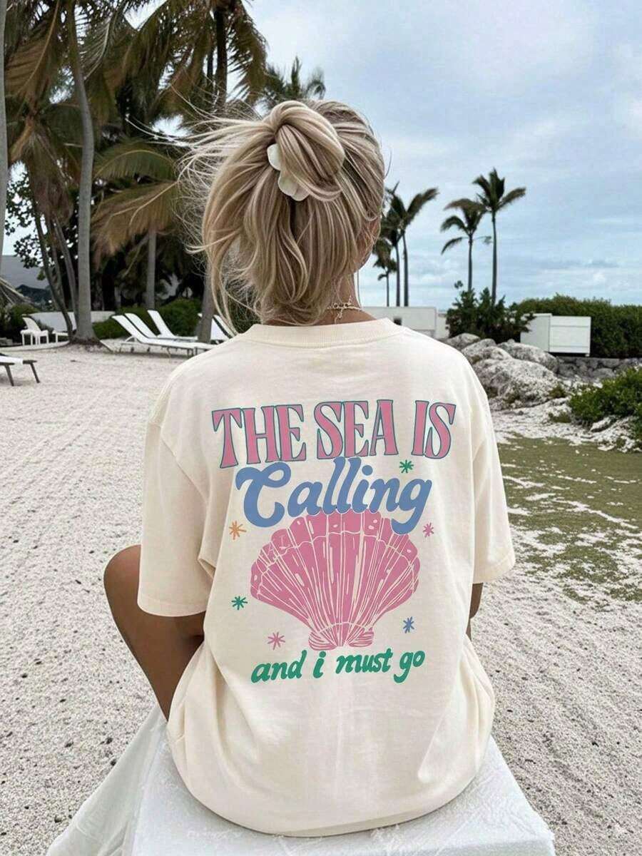 1 Women's T-Shirt – Double-Sided Print, Vintage Style For Beach Holidays – Decorated With Seashell And Starfish Motifs; Printed With The Phrase "THE SEA IS CALLING". – Ideal For Summer Trips To The Beach And Stylish Getaways - 杏色 - 查看 1
