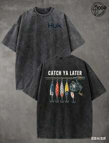 Summer Tops2026Retro "HUK" Fishing Pattern, CATCH YA LATER, Fishing T-Shirts, Men And Women's T-Shirts, Fall Clothes, 230G Wash Cotton High Quality Co - 黑色 - 查看 7
