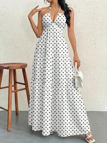 Vestido de gasa con cuello halter y espalda descubierta con nudo para mujeres, ideal para resort, boda y eventos - Blanco - Ver 5