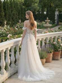 Off-Shoulder Deep V Lace Embroidery Sexy Long Wedding Dress - Beige - View 8