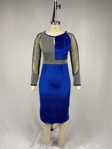 Nuevo Vestido Midi Mujer Cuello Redondo Malla Combinada Manga Larga Ajustado Elegante - Azul - Ver 2