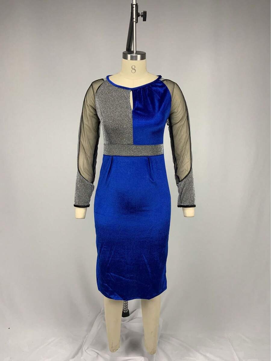 Nuevo Vestido Midi Mujer Cuello Redondo Malla Combinada Manga Larga Ajustado Elegante