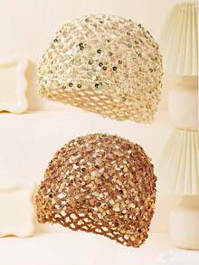 2 chiếc mũ len móc thủ công mỏng nhẹ, khoét lỗ, đính sequin dành cho nữ, phù hợp với phong cách bohemian, đi biển, du lịch, mặc hàng ngày, mùa xuân và mùa thu. - A - Xem 2