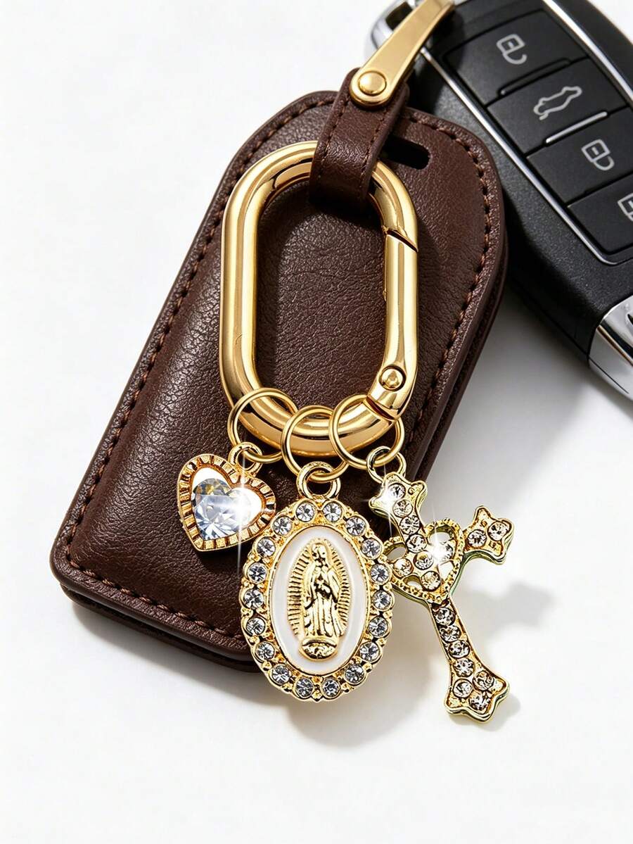 Christlicher Schlüsselanhänger mit religiösem Kreuz, Jungfrau Maria und Strass Dekor - Kreuz Schlüsselanhänger, Kreuz Anhänger, dekoratives Geldbörse Rucksack Accessoire, Kopfhörer Tasche Accessoire, Gepäck und Auto Dekor Schlüsselanhänger
