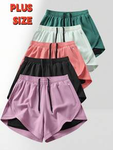 1pc Plus Size Women's Shorts, 2in1 Solid Color Lining 2 In 1 Sports Pants, Elastic Waist Two Pieces Set, Suitable For Running, Sports, Yoga, Fitness In Summer - Purple - View 4