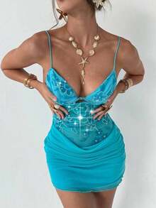Nuevo vestido camisero romántico y sexy con cuello en pico, contraste de malla brillante y shorts, mini vestido anti-destellos - Azul 2 - Ver 5