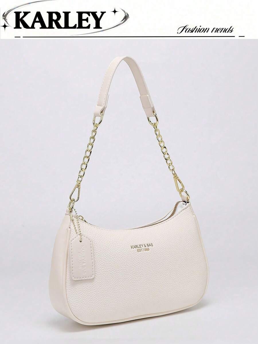 2026 New Classic Wild Letter Pattern Decor Design Solid Color PU Leather Shoulder Bag Moon Bag, Suitable For Shopping, Can Be Worn Crossbody - White - View 1
