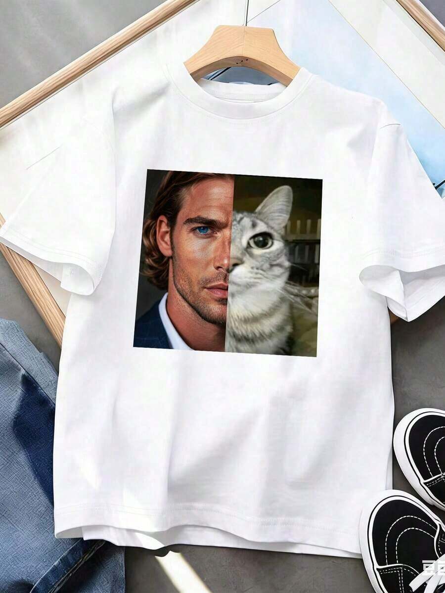"Even Gangsters Sometimes Need A Hug" Women's T-Shirt With Funny Cat Graphic Print And Crew Neck - White - View 1