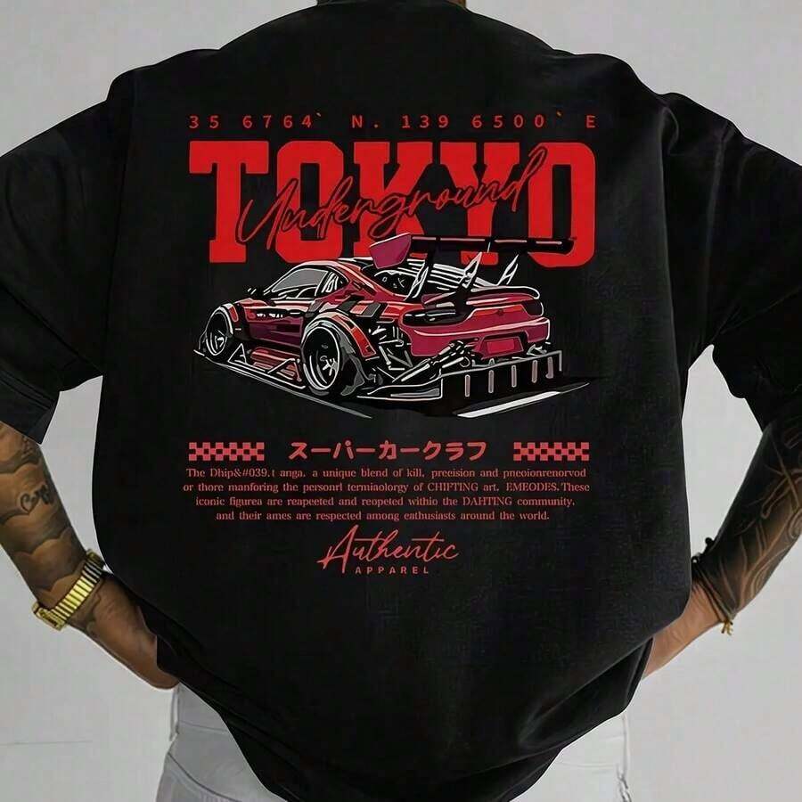Skyline GTR R34 T-Shirt: Japanese Car Design + Letter Print. Short Sleeve, Crew Neck, Ideal For Casual Wear - 灰色的 - 查看 1