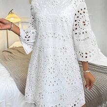 Women's Floral Hollow-Out Embroidery Round Neck Flare Sleeve Casual Dress - Verde - Ver 2