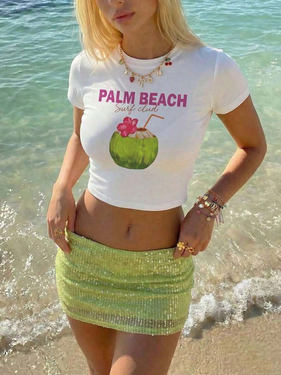 Camiseta de manga corta para mujer con estampado de eslogan, cuello redondo, estilo casual y versátil, para el tiempo libre. - Blanco 6 - Ver 1