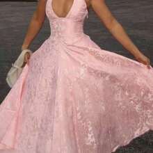 Elegant Date & Resort Romantic Textured Print V-Neck Waisted Flare Midi Dress Party Summer - Rosa coral - Ver 1