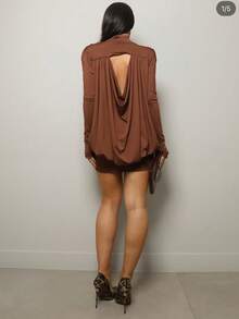 High-Neck, Long-Sleeved Dress, Slim Fit, Elegant, Sensual, Chic. - 鏽棕色 - 查看 3