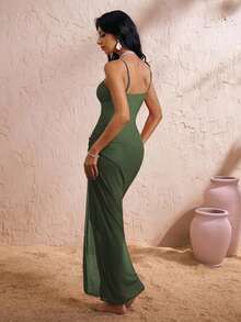 Elavelle Set de 2 piezas de traje de baño de una sola pieza con falda maxi, tirantes finos y decoración de estrella de mar, unicolor para mujer - Verde militar - Ver 8