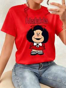 Women's 100% Cotton T-Shirt. Mafalda's Cheerful Expression Symbolizes Innocence, Reflection, And A Critical Voice In The World. Her Red Bow And Dress Convey Curiosity And Courage. A Comfortable, Lightweight, Breathable, And Summer Best-Seller. - 紅色的 - 查看 8