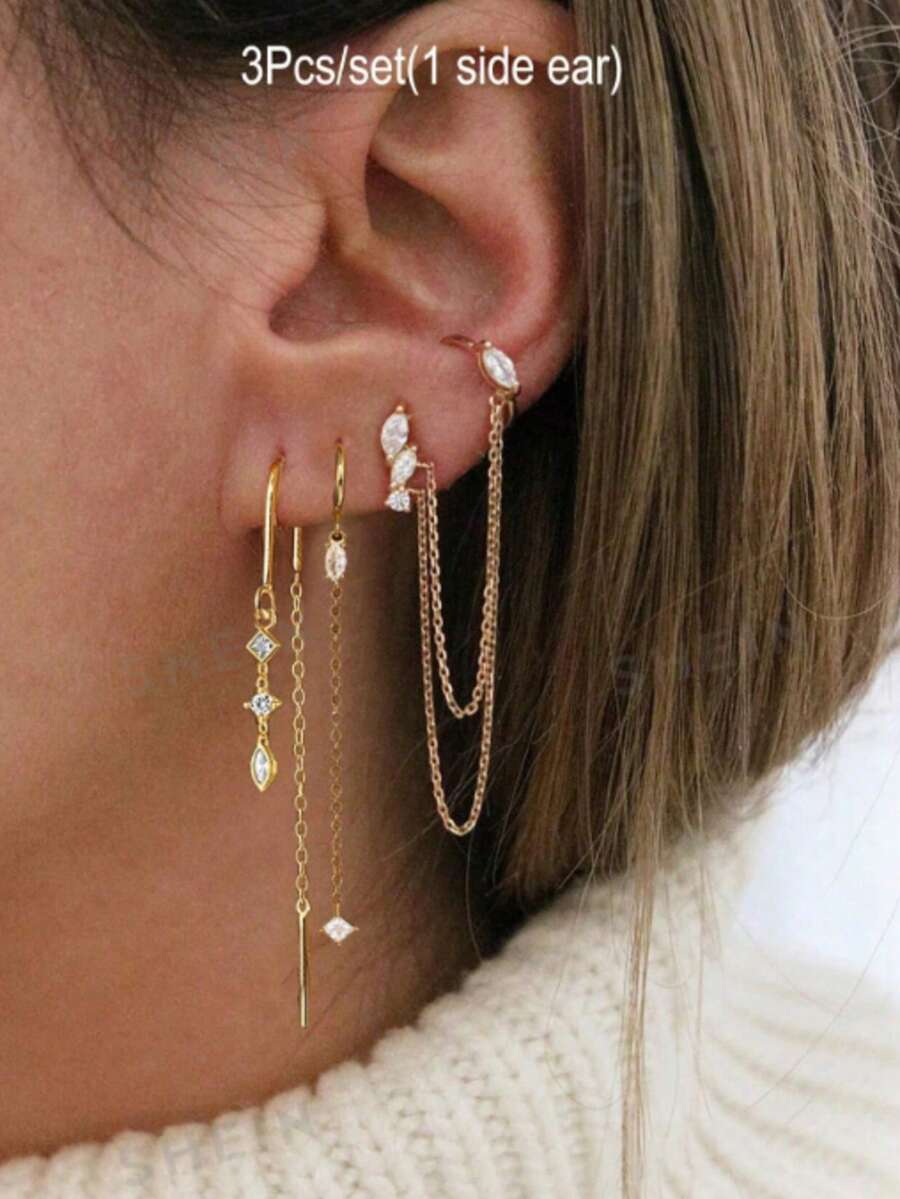3pcs/Set Women's Zirconia Long Chain Earrings Set, Suitable For Vacation And Party Wear, Fashionable Jewelry Accessories - 3Pcs/set(for 1 Side Ear) - View 1