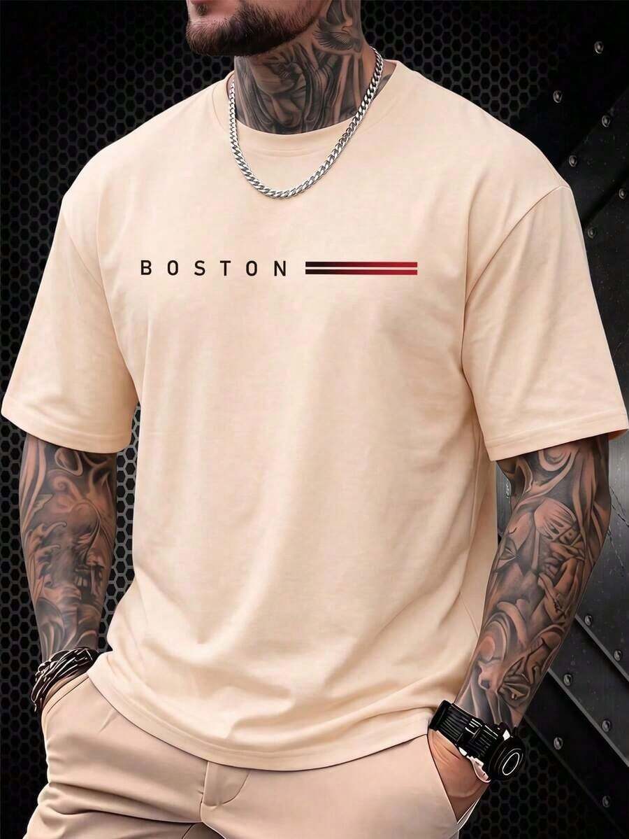 Men's Summer Short-Sleeved T-Shirt With A Casual Print, Featuring A Boston Design. Comfortable, Soft, Breathable, And Moisture-Wicking. Express Shipping From A Local Warehouse. - Apricot - View 1