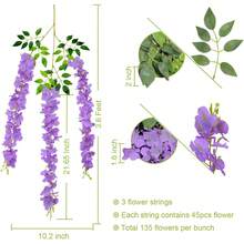 3件套白色人造紫藤吊饰，藤编人造花，花环，丝绸花圈，婚礼派对花园户外家居装饰 - 紫色 - 查看 3
