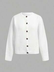 Cárdigan de mujer de manga larga, cuello redondo, suelto y corto, de unicolor, cómodo y acogedor, ideal para el uso diario, en color amarillo mantequilla para otoño/invierno - Blanco - Ver 4
