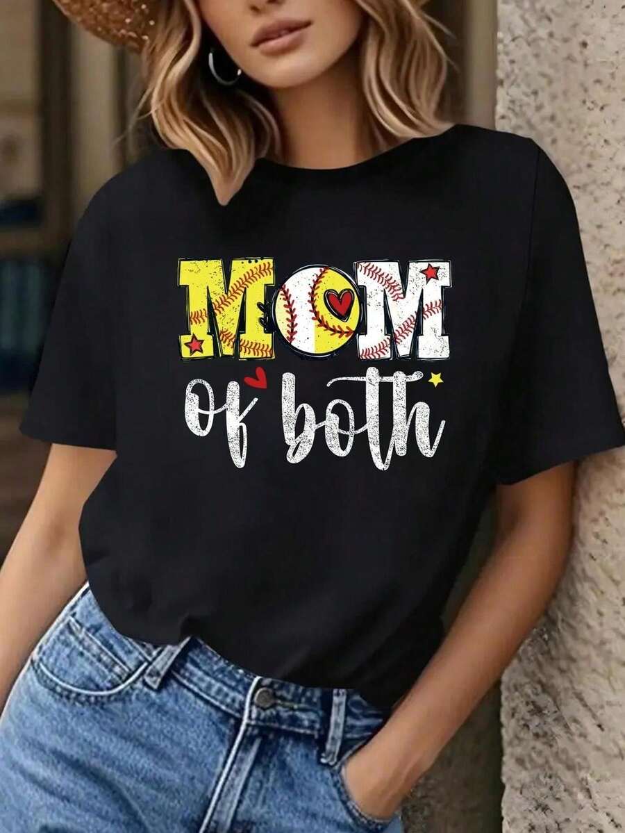 Top casual de manga corta y cuello redondo para mujer, con camiseta gráfica para mamás de béisbol y softbol - Negro - Ver 1