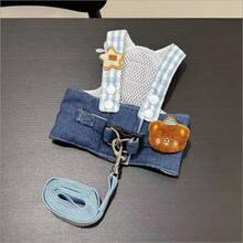 Bộ đồ denim kèm dây dắt thú cưng, áo nịt cho mèo tương thích với dây dắt, trang phục mùa hè ngoài trời cho mèo và chó, quần áo mùa hè thoáng khí cho mèo, áo khoác đi dạo ngoài trời cho mèo và chó. - Xanh và trắng - Xem 10