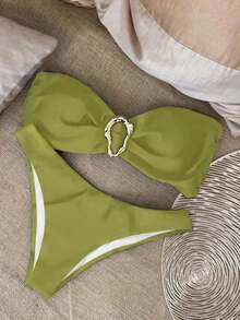 Nuevo conjunto de bikini negro sólido, sexy, elegante, casual, para playa, vacaciones y citas, sin tirantes, para primavera/verano - Verde - Ver 6
