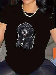 Camiseta de Manga Corta con Estampado de Cachorro Adorable |     Duradera y Cómoda, Ideal para la Sala de Estar o Actividades al Aire Libre, Tejido Suave, Diseño Elegante para Mujer, Cuello Redondo, Elasticidad Media - [Blanco] - Ver 6