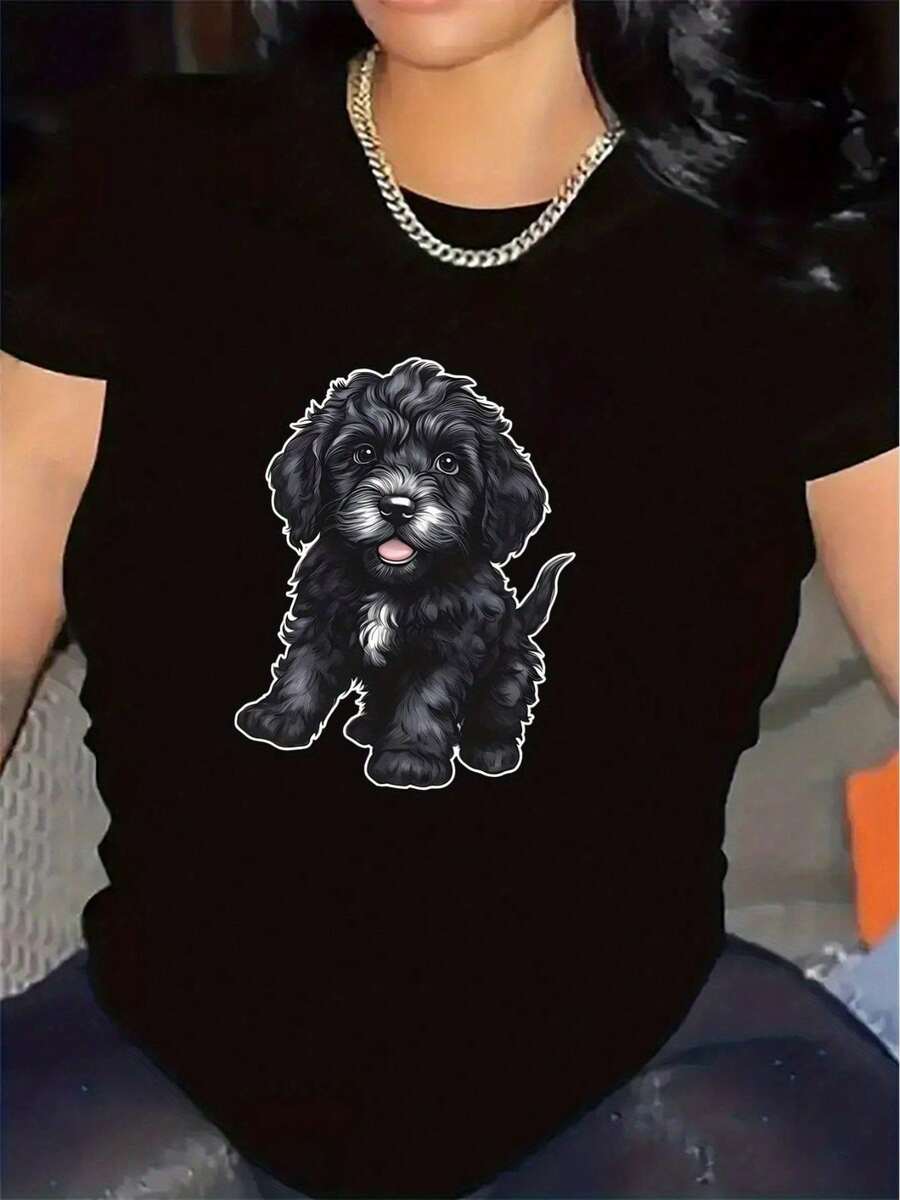 Adorable Puppy Print Short Sleeve T-Shirt | Durable And Comfortable, Ideal For Loungewear Or Outdoor Activities, Soft Fabric, Stylish Design For Women, Crew Neck, Medium Elasticity - 黑色 - 查看 1