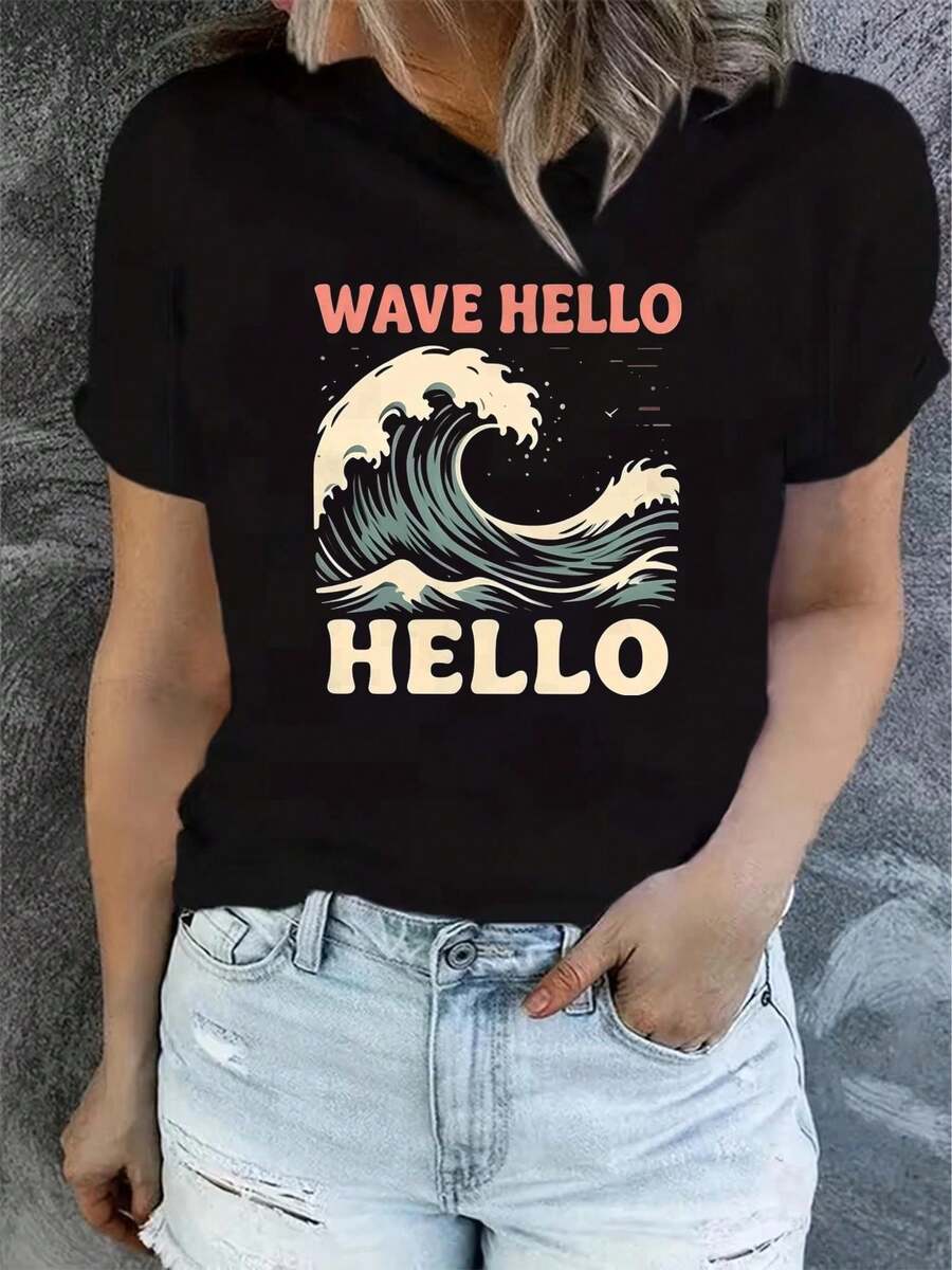 1 Women's Summer Short Sleeve T-Shirt With Print, Modern And Casual, Machine Washable, Comfortable Fit, 2D Flat Print, 180g, 100% Cotton. - 黑色_05 - 查看 1