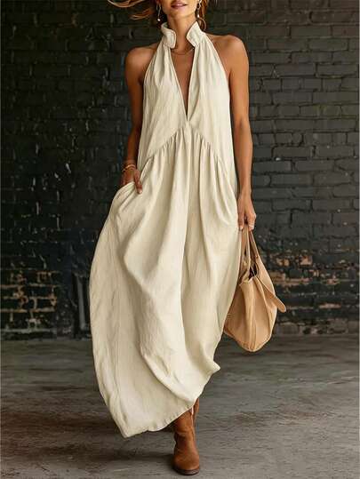 Vestido largo con cuello en V retro para mujer, vestido holgado de unicolor con cuello en V y línea A, adecuado para la playa, uso diario, ir al trabajo, primavera/verano, con bolsillos