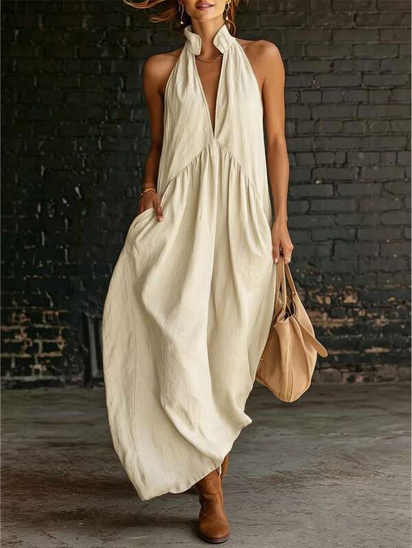 Vestido largo con cuello en V retro para mujer, vestido holgado de unicolor con cuello en V y línea A, adecuado para la playa, uso diario, ir al trabajo, primavera/verano, con bolsillos