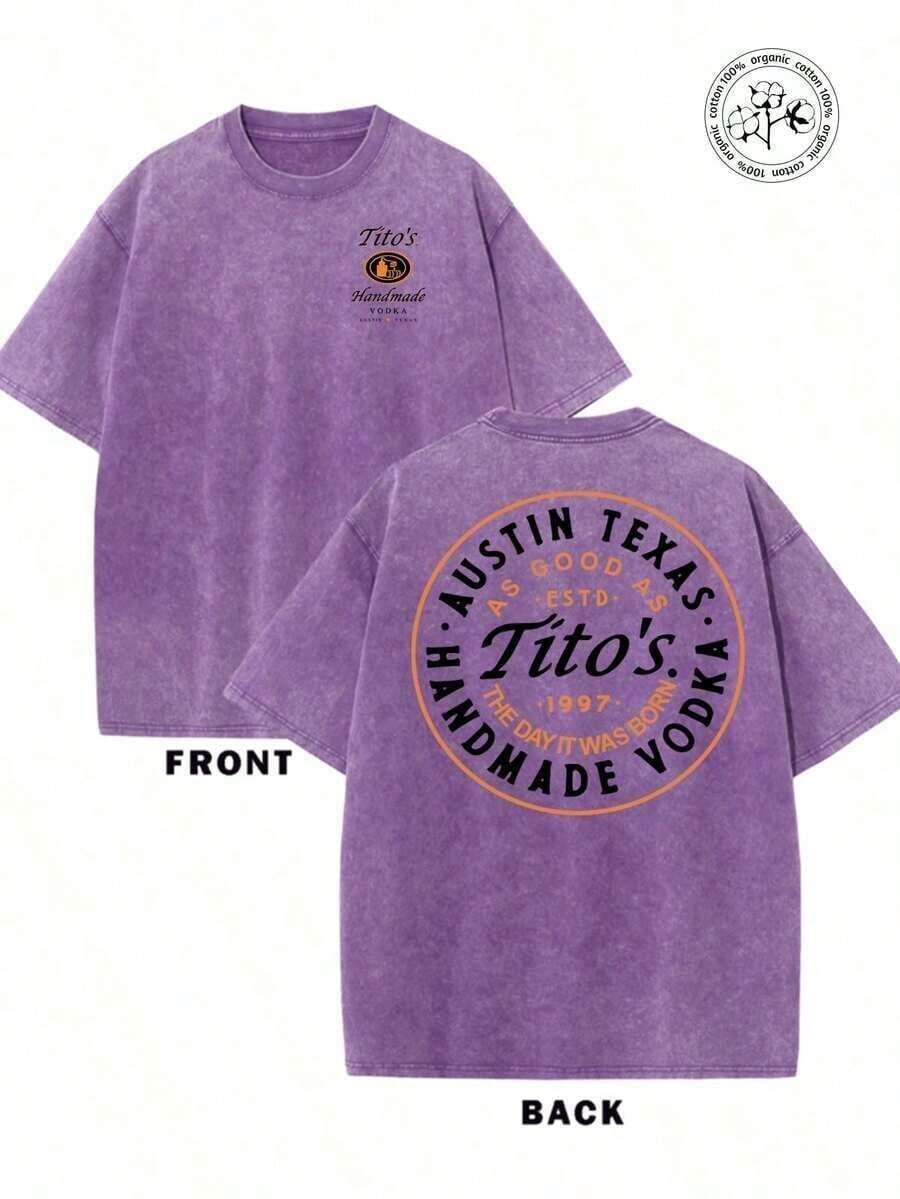 Local Warehouse Items Women's Clotheswomens Clothes;Summer Tops1pcs230g Washed And Used T-Shirt, Front Tito's Handmade Vodka Logo, Back With "AUSTIN TEXAS Tito's HANDMADE Vodka" Circular Text And Brand Logo, Tito's Vodka Theme180gMen's Minimalist Washed Short Sleeve Daily Teesummer Outfits PNND - 紫色 - 查看 1