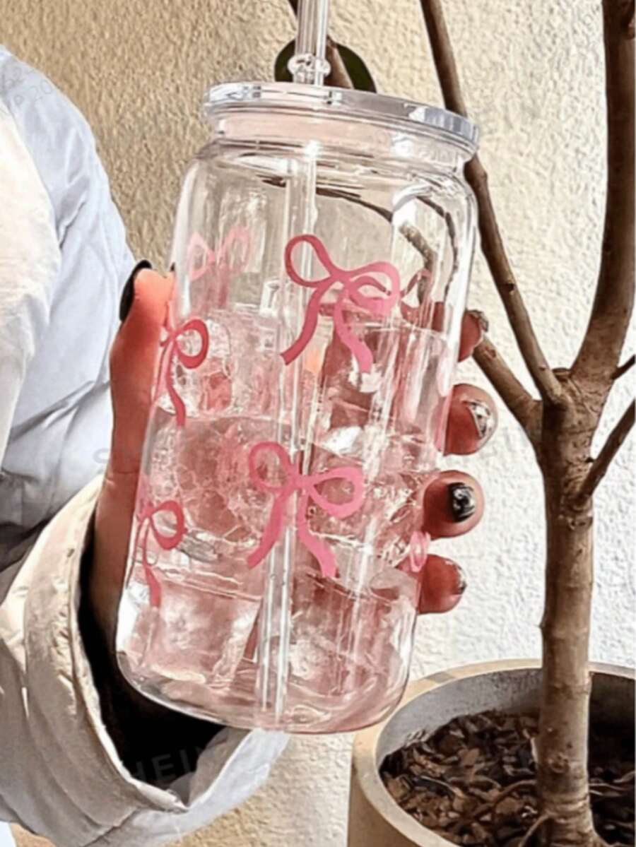 1个简约耐高温印花咖啡杯，带盖，16盎司罐形玻璃杯，适用于冰咖啡、冰啤酒、茶、果汁、牛奶，生日礼物，也适合办公室、餐厅、教室、野餐、派对、情人节和新年等场合。